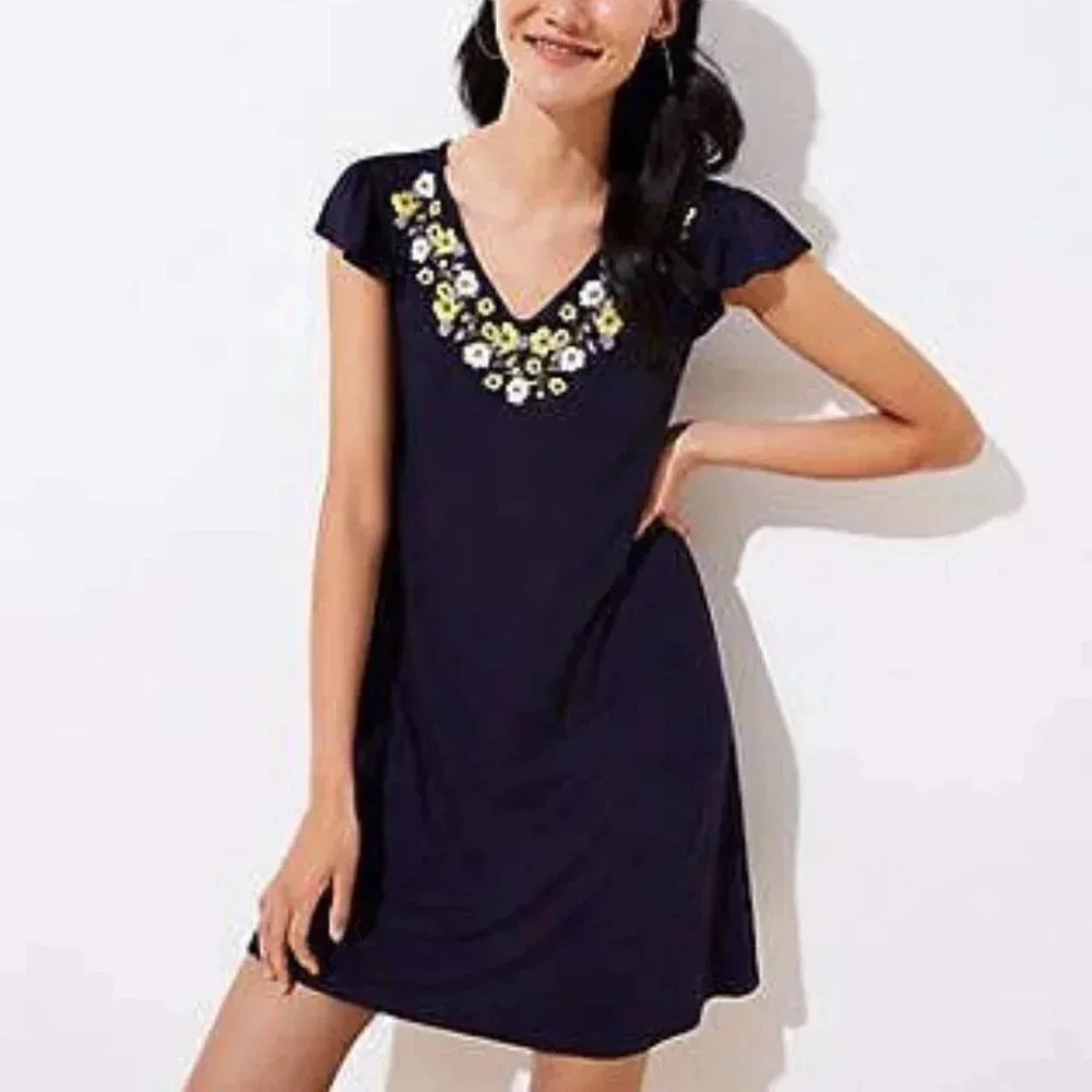 Ann Taylor Blue Floral Embroidered Swing Loft Dress XS